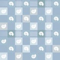 White marine life sea snail repetitive pattern with blue squares and lines. Seamless. For gift wrapping paper or template