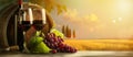 Autumn countryside wine background; vine, red wine bottles, wineglass, wine barrel; wine tasting concept Royalty Free Stock Photo
