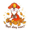 Art. Autumn illustration. Beautiful cartoon cartoon fox playing with leaves Royalty Free Stock Photo