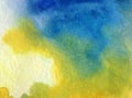 Watercolor art background abstract blue yellow colorful textured wet wash blurred sea ocean coast Royalty Free Stock Photo