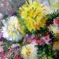 Watercolor art background colorful nature summer white yellow pink beautiful flowers blossom dahlia garden Royalty Free Stock Photo