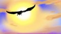 Art background with the silhouette of an hawk or eagle, flying in blue sky with light bokeh in colors of dawn. Morning landscape Royalty Free Stock Photo