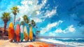 Art of a beach with palm trees, surfboards, people in nature under azure sky Royalty Free Stock Photo