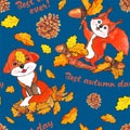 Art. Beautiful cartoon animal autumn pattern. Squirrel and fox in the autumn forest Royalty Free Stock Photo