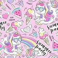 Art. Beautiful pink pattern. Unicorn ice cream summer party. Fashion illustration drawing in modern style for clothes