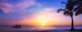 Art beautiful sunrise Landscape of paradise tropical island beach. Palm tree and fishing boat Royalty Free Stock Photo