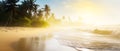 ABeautiful sunrise over a beautiful sandy beach on a tropical island. Generative AI Royalty Free Stock Photo