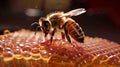 The Art of Beekeeping, a Busy Honeybee Creating Sweet Honey in its Hexagonal Hive, Generative AI