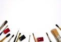 Art brushes and paints on a white background. Flat lay, top view, copy space