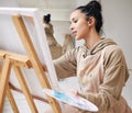 Art, canvas and palette with painter woman in studio for creative, expression or leisure hobby. Inspiration, passion and Royalty Free Stock Photo