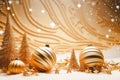 Art Christmas background in wavy effect, snow balls ornament and pine trees, stars shape, luxury golden decorative, generative AI Royalty Free Stock Photo