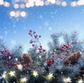 Art Christmas tree and holidays light decoration on blue snow ba Royalty Free Stock Photo