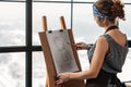 Art class young lady drawing sketch vase studio Royalty Free Stock Photo