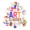 Art classes banner vector illustration. Girl and boys drawing, painting, sketching on with equipment. Education