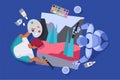 Art collaboration between AI and human to create content, robot and artist draw picture