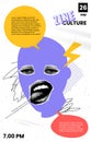 Art collage banner. With halfone face. Flyer design in pop art cartoon style. In violet and yellow and red colour. With Royalty Free Stock Photo