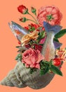 Art collage, a bouquet of roses in a seashell