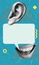 Art collage, Creative design showcasing ear and mouth elements with a blank speech bubble against a vibrant blue background Royalty Free Stock Photo