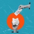 Art collage, the hand with dollars puts money in a pig\'s piggy bank