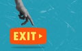 Art collage, Hand pointing towards an orange exit button on a blue textured background in a digital setting Royalty Free Stock Photo