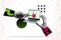 Art collage with hands, laptop, padlock and key Royalty Free Stock Photo