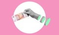 Art collage, hands with money, with Russian money on a pink background