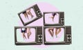 Art collage, lots of retro tvs with women\'s legs on a light background