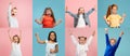 Art collage made of portraits of little and happy kids isolated on multicolored studio background. Human emotions