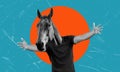 Art collage, man with horse head wants to hug on blue background with space for text Royalty Free Stock Photo