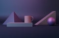 Art collection coffee cup 3d render from imagine with geometric shape object in violet color Royalty Free Stock Photo