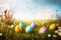 art Colorful Easter eggs decorated with flowers in the grass on Generative AI. Royalty Free Stock Photo