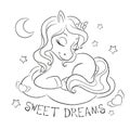 Art. Coloring pages. Baby unicorn sleeping on a cloud. Sweet dreams