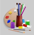 Realistic artist palette, painting brushes, paint tubes, jars, knives, pencils, vector illustration. Art tools, supplies Royalty Free Stock Photo