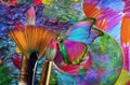 Art concept. painting. colorful tropical morpho butterfly, brushes and artist`s palette, background for design. Royalty Free Stock Photo