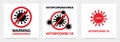 Art. Coronavirus sticker. Text WARNING COVID-19. LOGO. ICON. ÃÂ¢ext hashtag #STOPCORONAVIRUS.