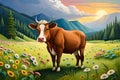 art cow grazing in a mountain meadow.Ai generated.