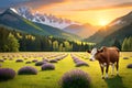art cow grazing in a mountain meadow.Ai generated.