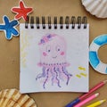 Art craft, how to draw sea jellyfish, sketch workshop, how to drawing by hand. Flat lay top view. Kids picture, art