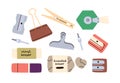 Art and craft supplies set. Stationery items. Pencil sharpener, vinyl and kneaded eraser, pin, clamp, clasp, clothespin Royalty Free Stock Photo