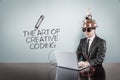 The art of creative coding concept with vintage businessman and laptop