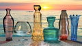 Art creative 3D illustration of crystall glass colored vases on sunset