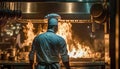 The Art of Culinary Mastery, Chef Cooking in a Restaurant Kitchen with Flames, Generative AI