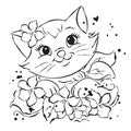 Art. Cute kitten with flowers. Black and white kitten drawing. Cat and flowers fashion illustration drawing in modern style for Royalty Free Stock Photo