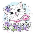 Art. Cute kitten with flowers. Cat and flowers fashion illustration drawing in modern style for clothes. Ink and watercolor style Royalty Free Stock Photo