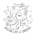 Art. Cute unicorn. Coloring pages. Fashion illustration print in modern style for clothes or fabrics and books. Dream like a