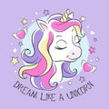 Art. Cute unicorn. Little dreamer. Fashion illustration print in modern style for clothes or fabrics and books. Dream like a