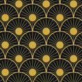 Art Deco abstract golden sun seamless pattern on black scales Royalty Free Stock Photo