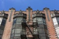 Art deco apartment building, front view, close up