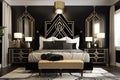 Art Deco Bedroom: Create a glamorous bedroom with an Art Deco - inspired design. Generative AI Royalty Free Stock Photo