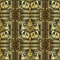 Art Deco. 3d gold Art Nouveau old retro style floral ornamental seamless pattern with square greek key meanders frames, borders. Royalty Free Stock Photo